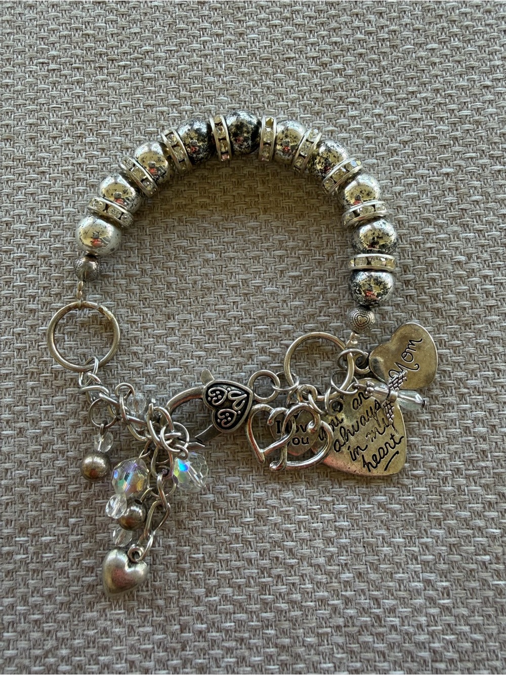 Multi Charm Beaded Bracelet Silver Beads Pave Crystal Spacers Mom Themed Charms